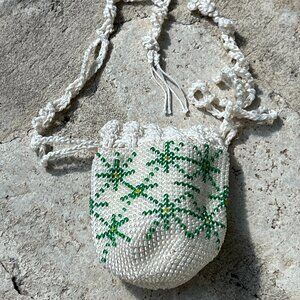 beaded reticule bag starburst design green white gold coin purse antique(?)